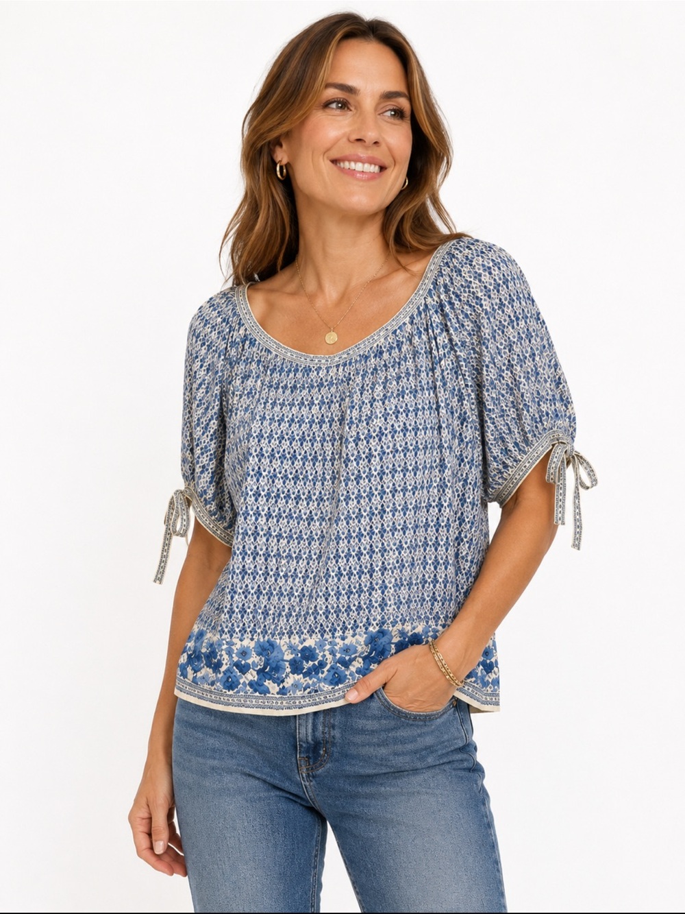 Max Studio Blue and White Patterned Blouse